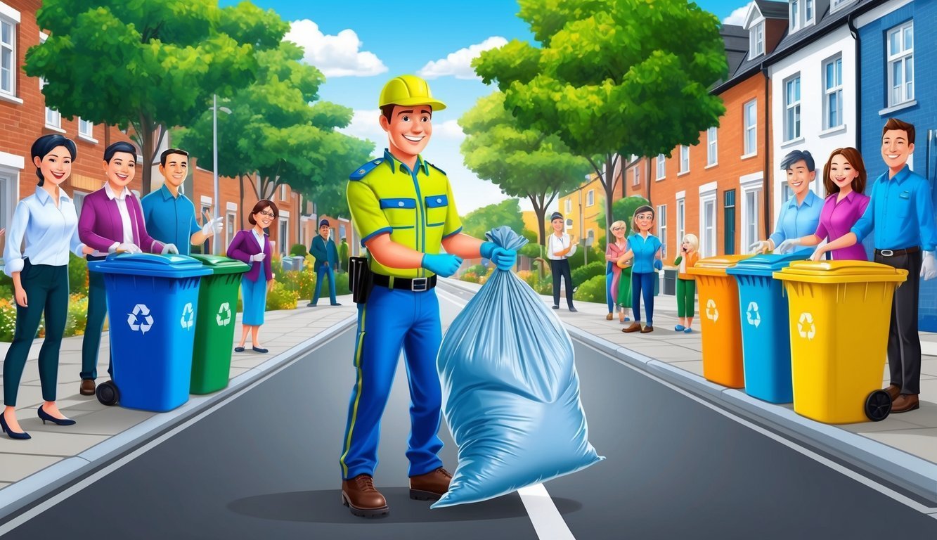 Garbage collector with bag, residents with recycling bins on a street