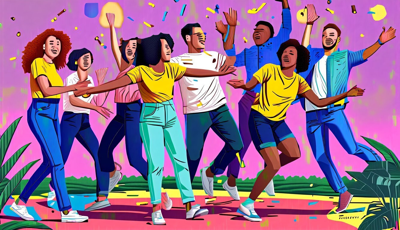 Illustration of diverse people dancing and celebrating with confetti