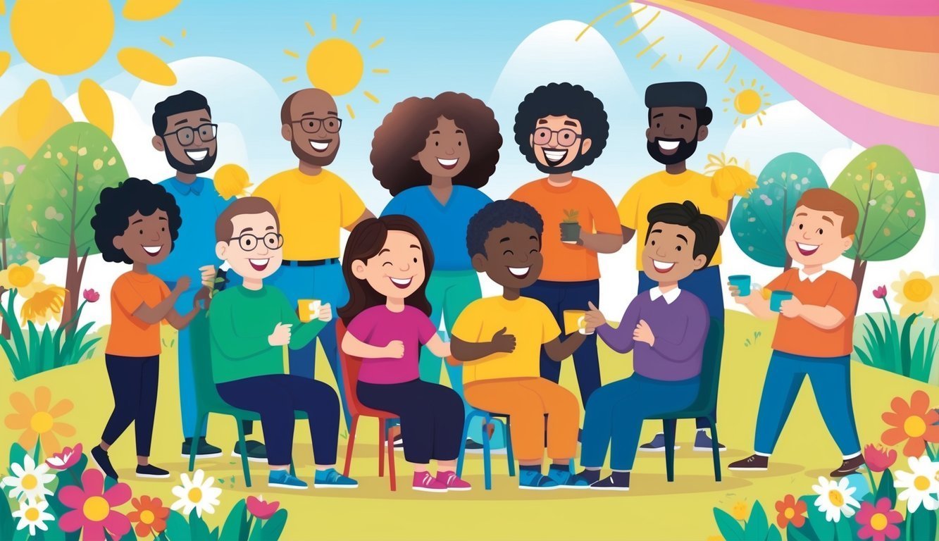 Diverse group of people smiling, holding drinks, and sitting outdoors