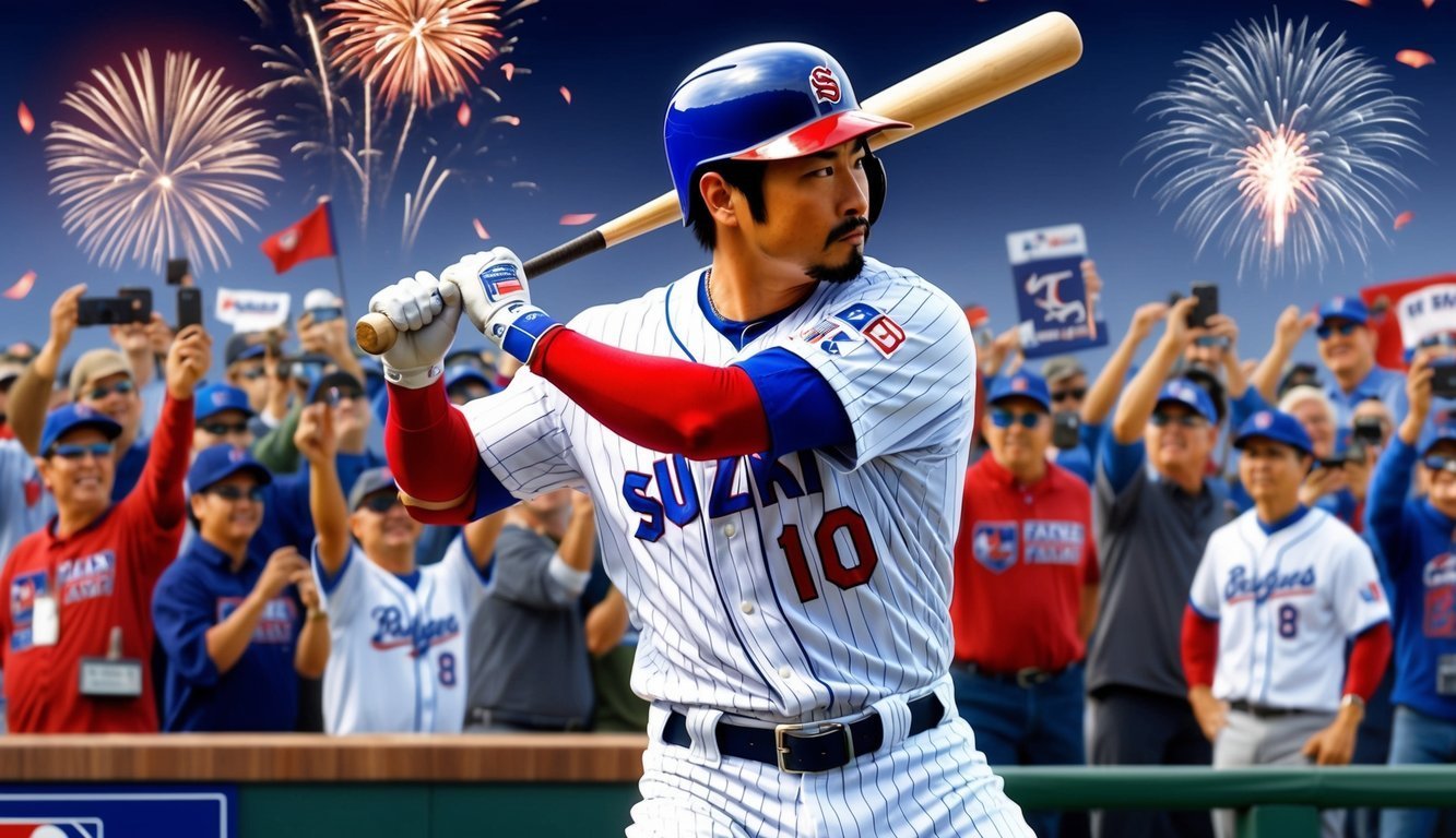 Baseball player with bat, fireworks, and cheering crowd in stadium