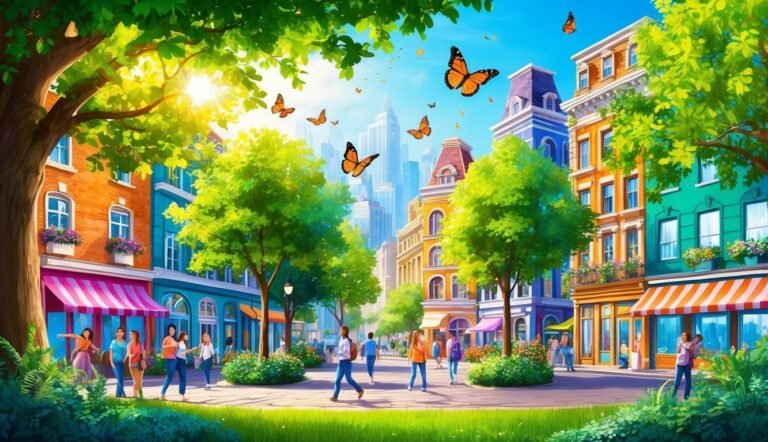 Colorful street scene with people, butterflies, trees, and buildings