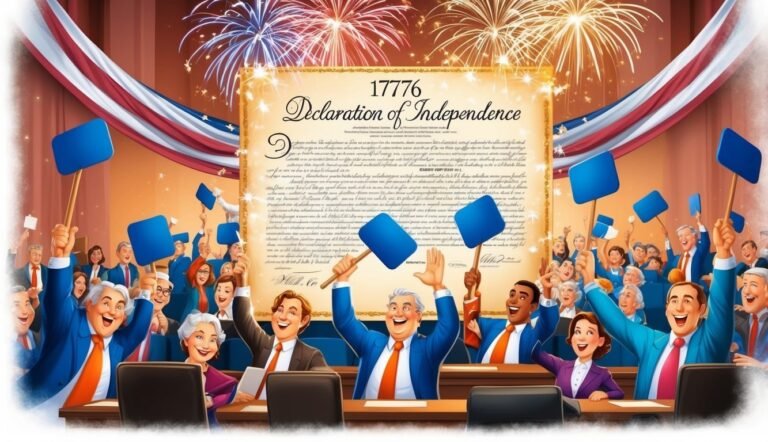 People celebrating the Declaration of Independence with blue signs and fireworks