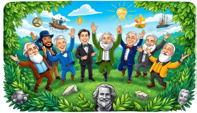Cartoon of scientists celebrating with inventions and a lightbulb in the sky