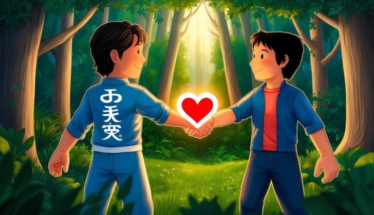 Two boys holding a glowing heart in a forest setting