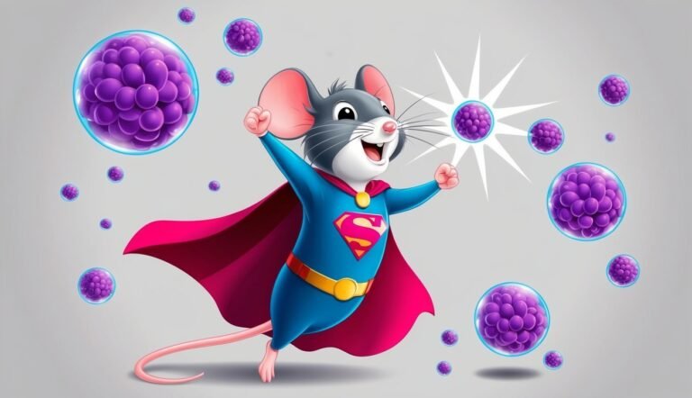 Superhero mouse with cape and Superman logo, surrounded by purple spheres