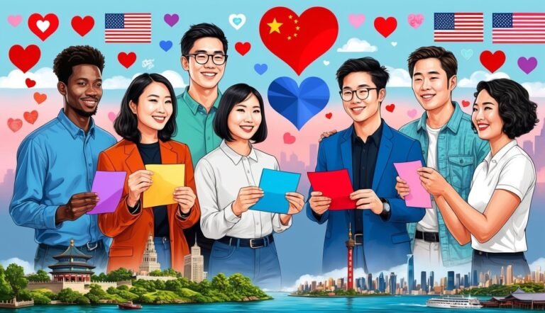 Diverse group of people holding colorful papers with hearts and flags