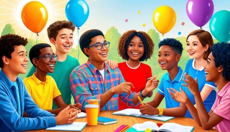 Group of diverse smiling teens with balloons, books, and drinks