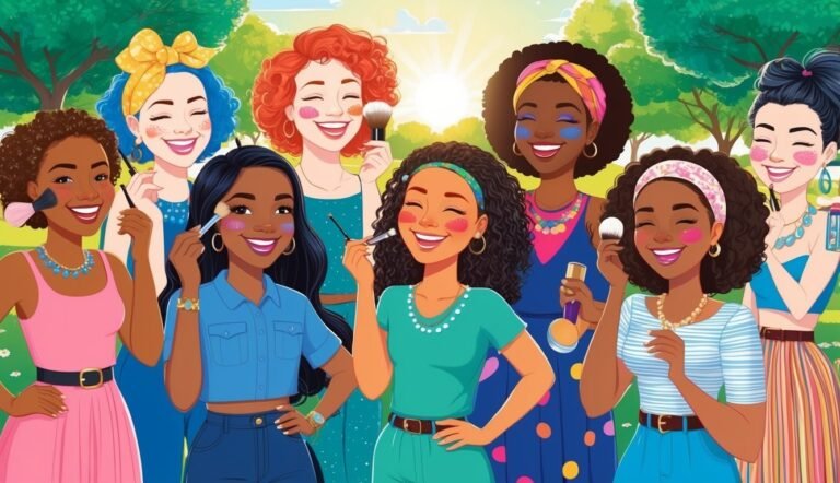 Diverse group of women applying makeup outdoors, smiling, and enjoying themselves