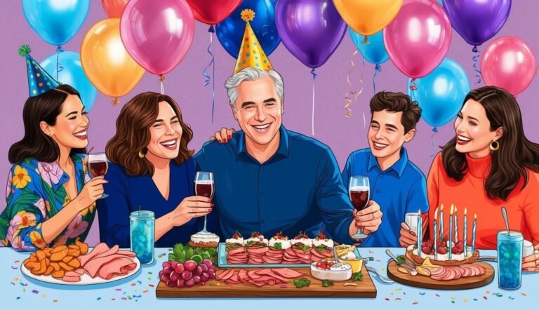 Family celebrating a birthday with balloons, food, and drinks. Everyone is smiling