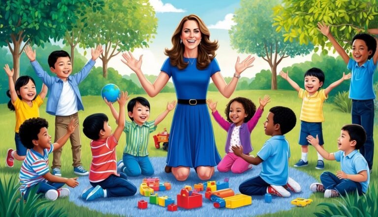 Woman in blue dress with children in a park, arms raised