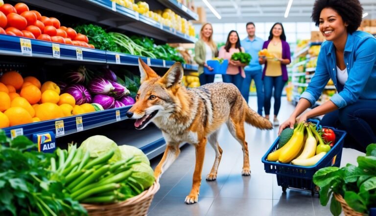 Coyote in grocery store aisle, shoppers, and produce on shelves