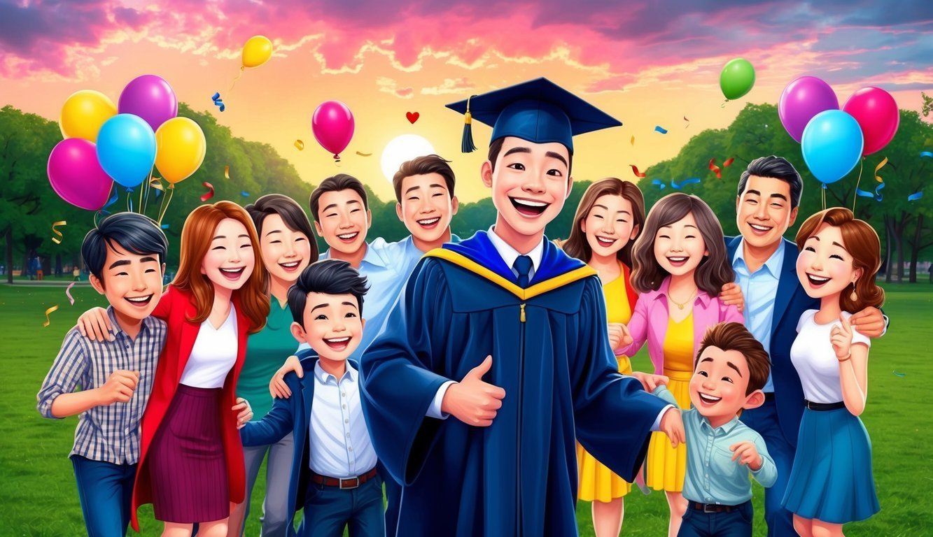 Graduation celebration with family and balloons, smiling in a park