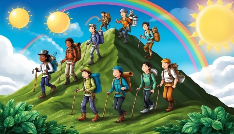 Group of hikers climbing a green mountain under a sunny sky with rainbow