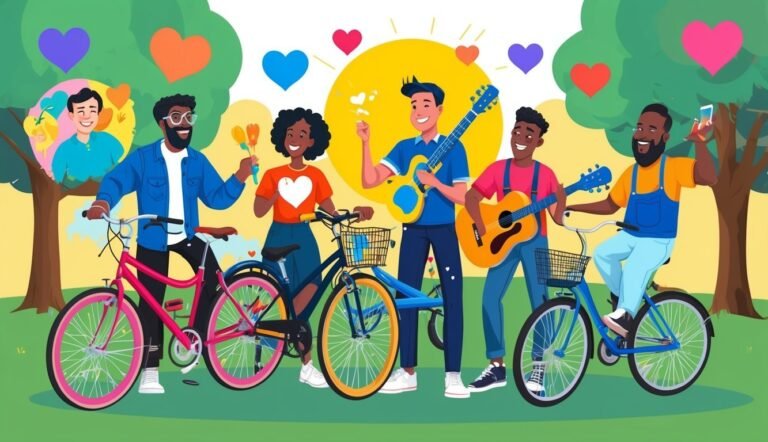 Group of diverse people on bikes, some playing guitars, with hearts