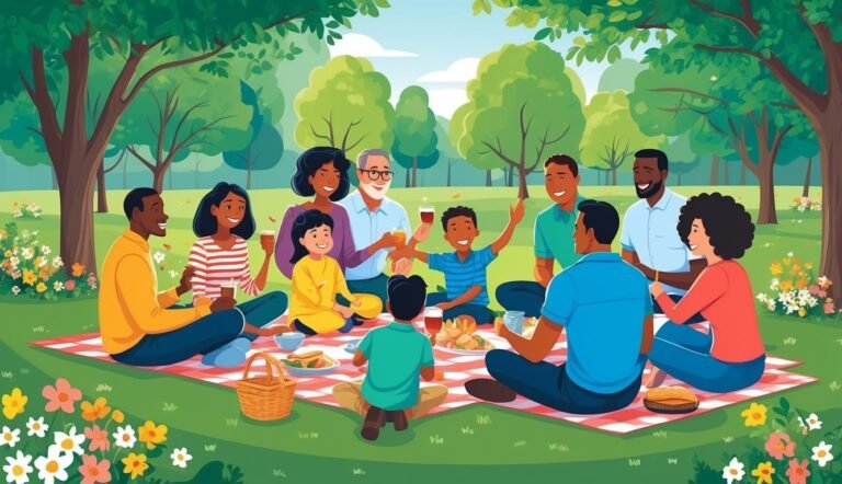 Family and friends enjoying a picnic on a red and white checkered blanket