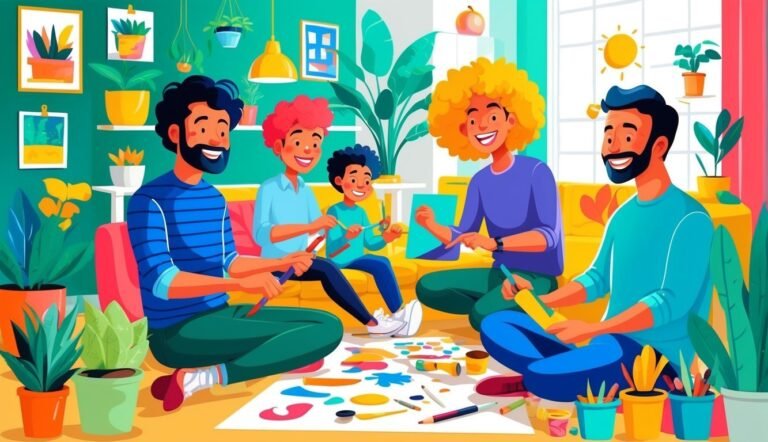 Family of five painting together on the floor in a colorful room
