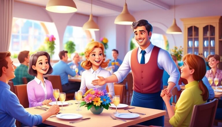 Cartoon waiter welcomes guests to a restaurant table with flowers and drinks