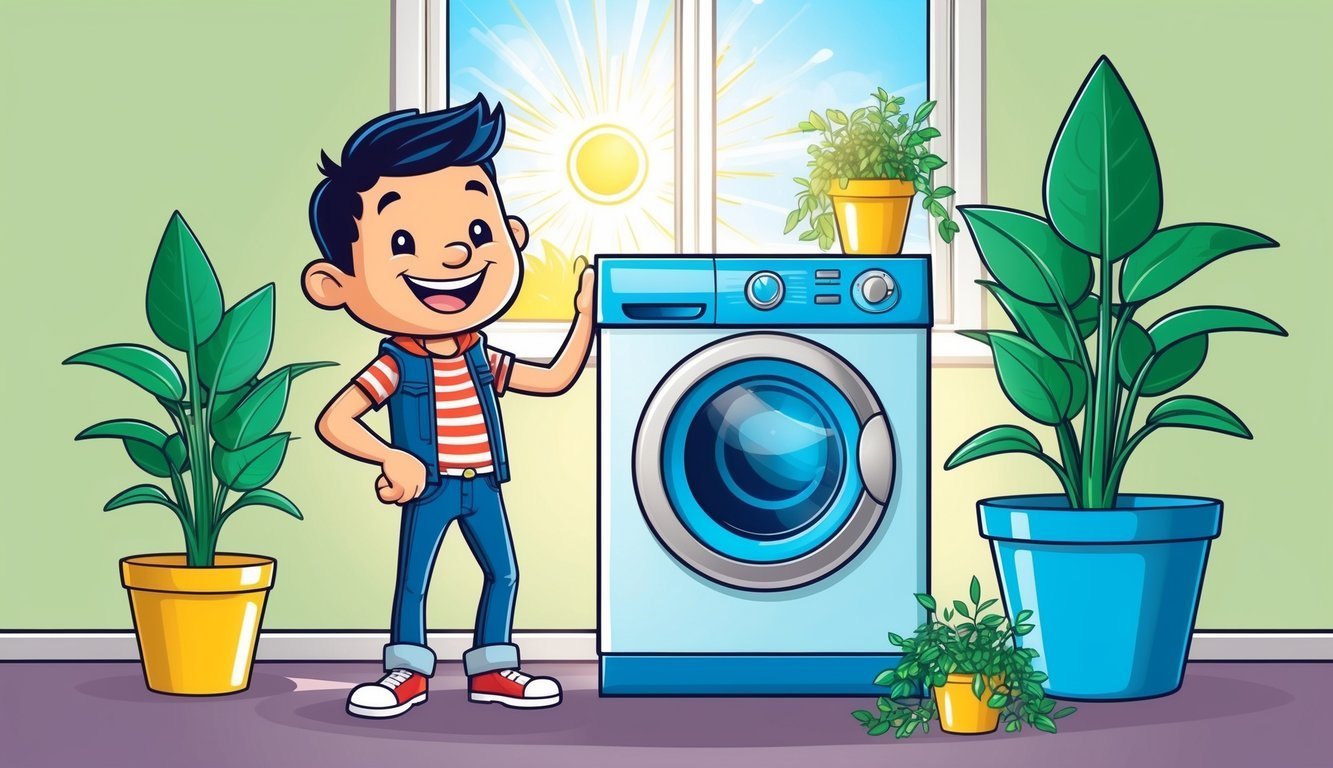 Cartoon boy standing by a washing machine, plants, and a sunny window