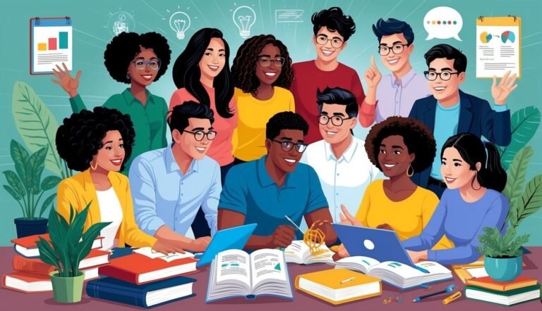 Diverse group of people collaborating around books and laptops, brainstorming ideas