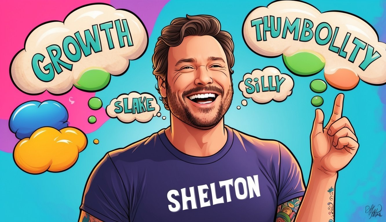 Smiling man with thought bubbles of "Growth," "Thumbollty," and "Silly."