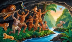 Cave painting of people with animals in a lush jungle scene