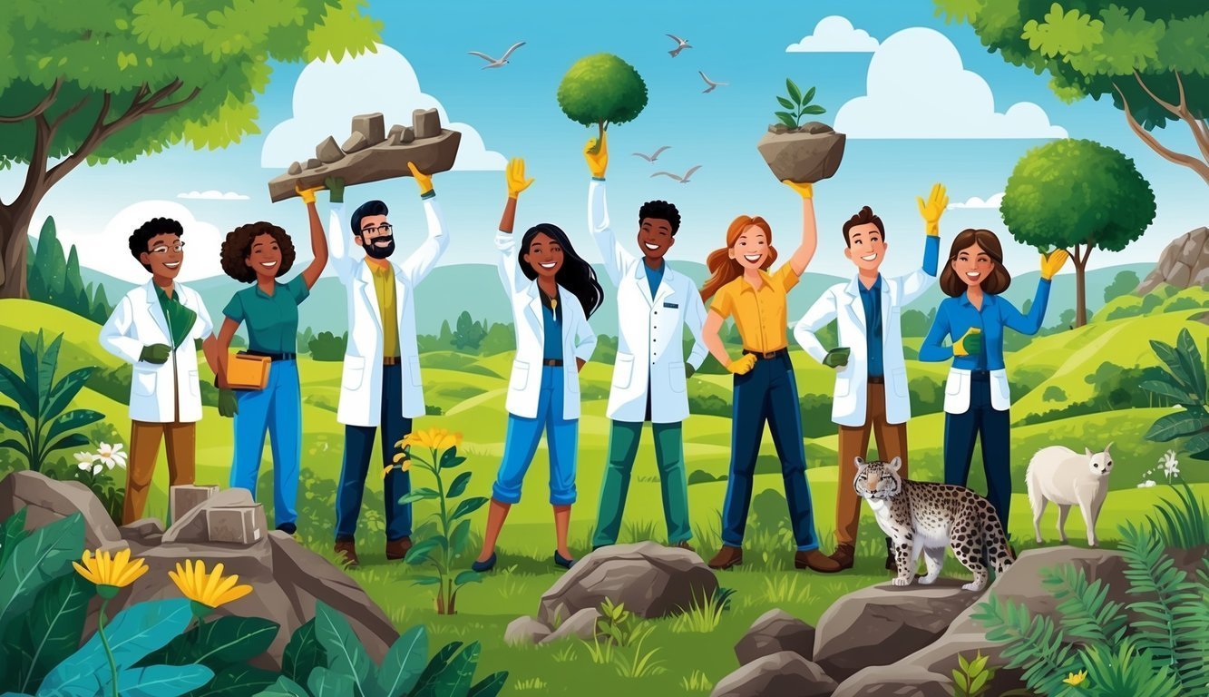 Diverse group of scientists in lab coats holding plants, rocks, and animals in nature
