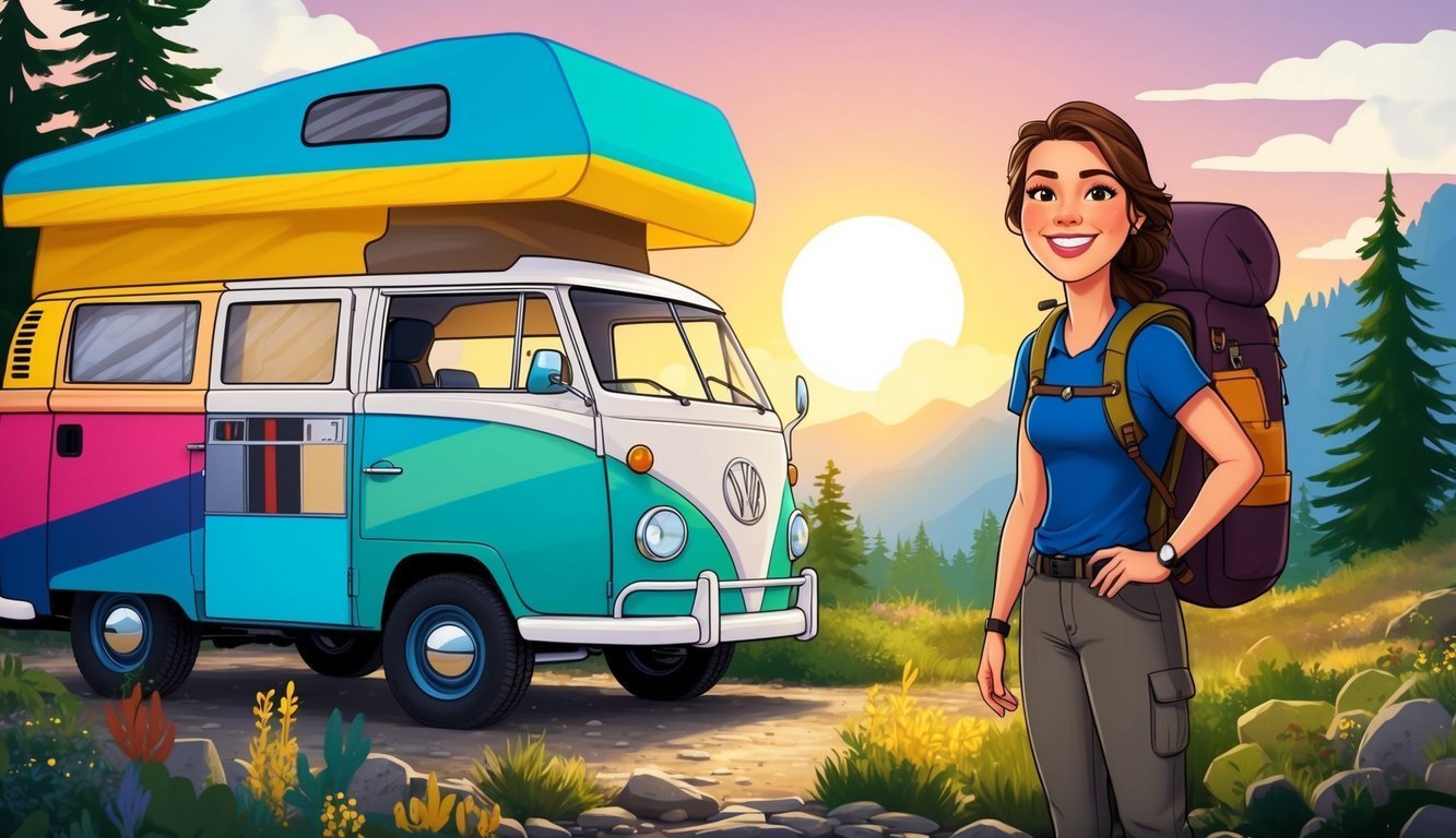 Woman with backpack stands near colorful camper van in nature
