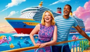 Smiling couple on cruise ship deck with cartoon sea creatures