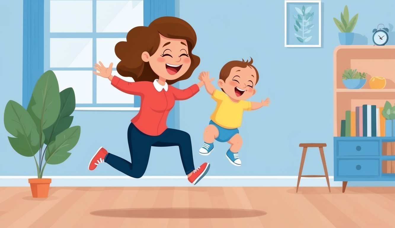 Mother and baby jumping and laughing in a brightly colored room