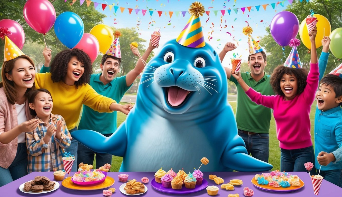 A blue seal with party hat celebrates with people and treats at a party