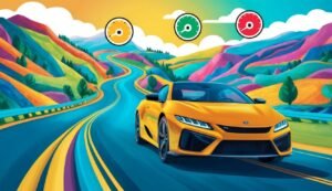 Yellow sports car driving on a colorful road with speedometers
