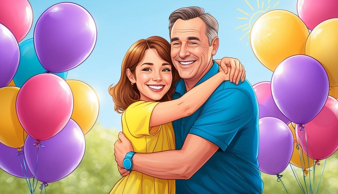 Smiling father and daughter hugging, surrounded by colorful balloons