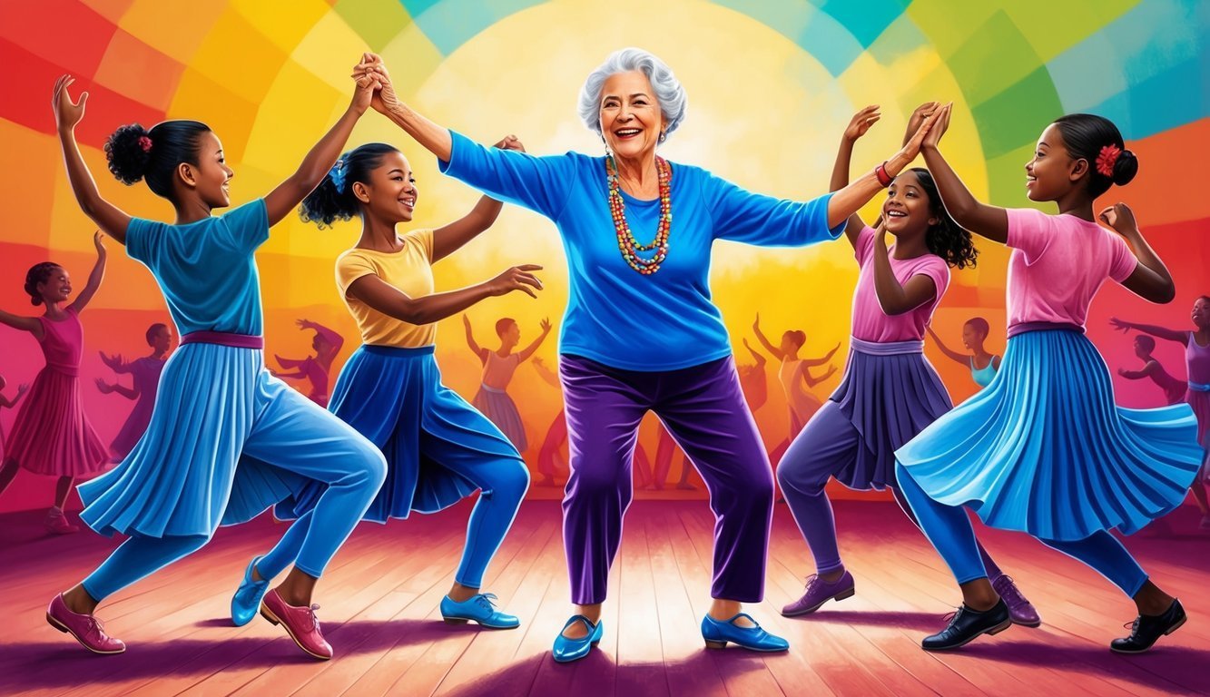 Elderly woman and young girls dancing together in colorful setting