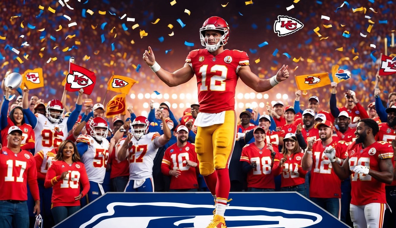 Kansas City Chiefs quarterback celebrates with team and fans after a win
