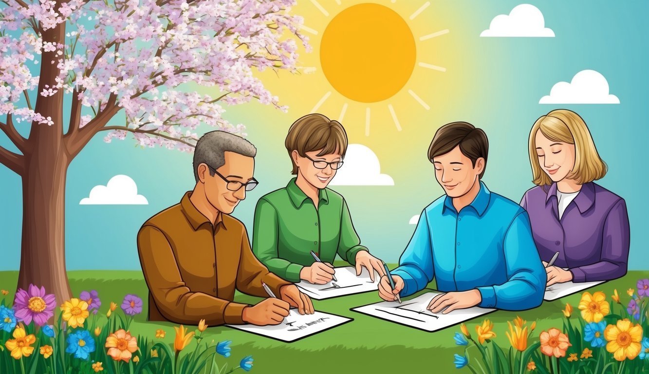 Four people writing on paper outdoors under a sunny sky