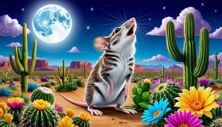 A mouse howls at the moon in a desert landscape with cacti and flowers