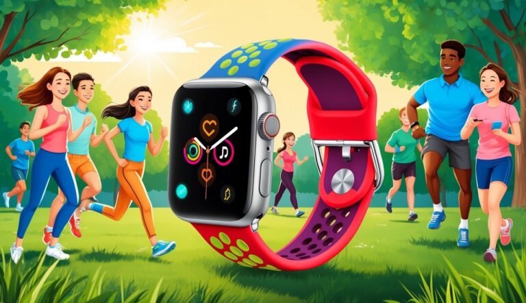 People running in a park with a large smartwatch in the foreground