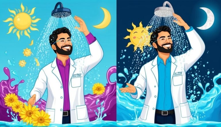 Cartoon man in lab coat showering, sun/moon background. Day and night