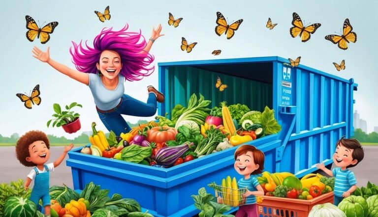 People celebrating a large harvest of vegetables with butterflies flying around