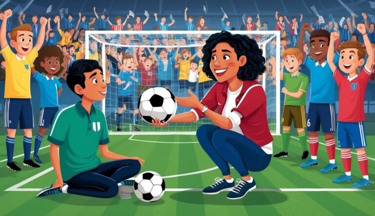 Soccer coach with players and fans, holding a soccer ball