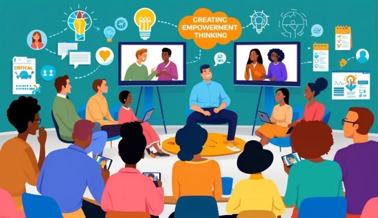 Group of people in a meeting with screens and thought bubbles