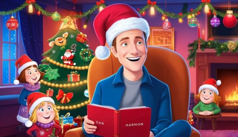 Man in Santa hat reads "Dan Harmon" book with children at Christmas