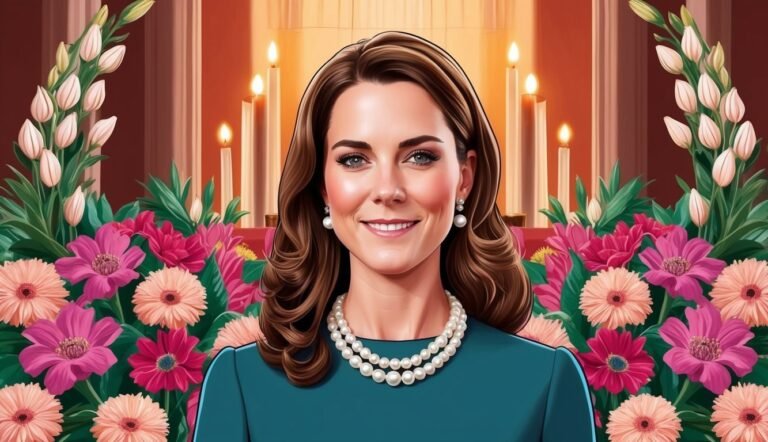 Portrait of Kate Middleton smiling, surrounded by flowers and candles