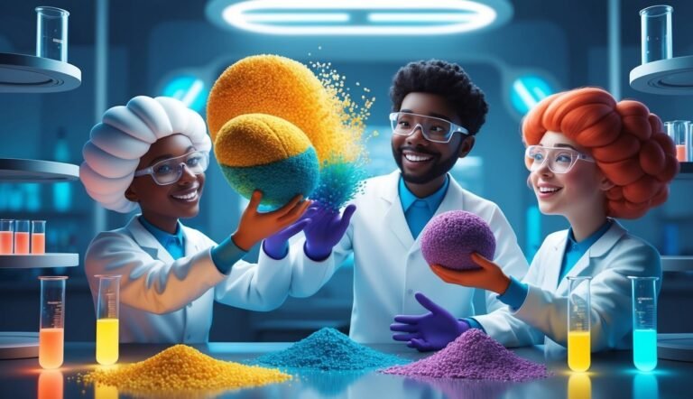 Three scientists in lab coats holding colorful spheres and powders