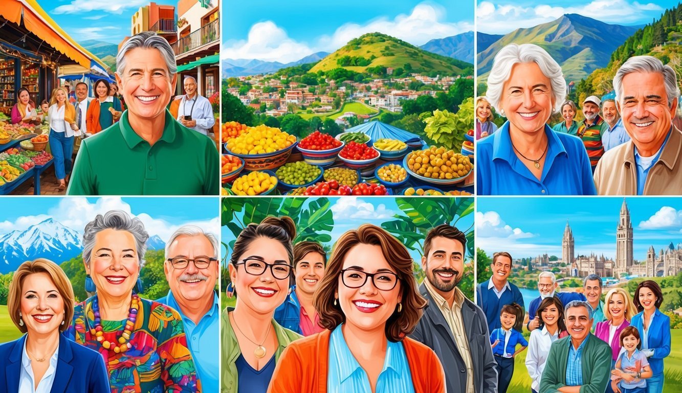 Collage of smiling people in various outdoor settings, colorful and bright