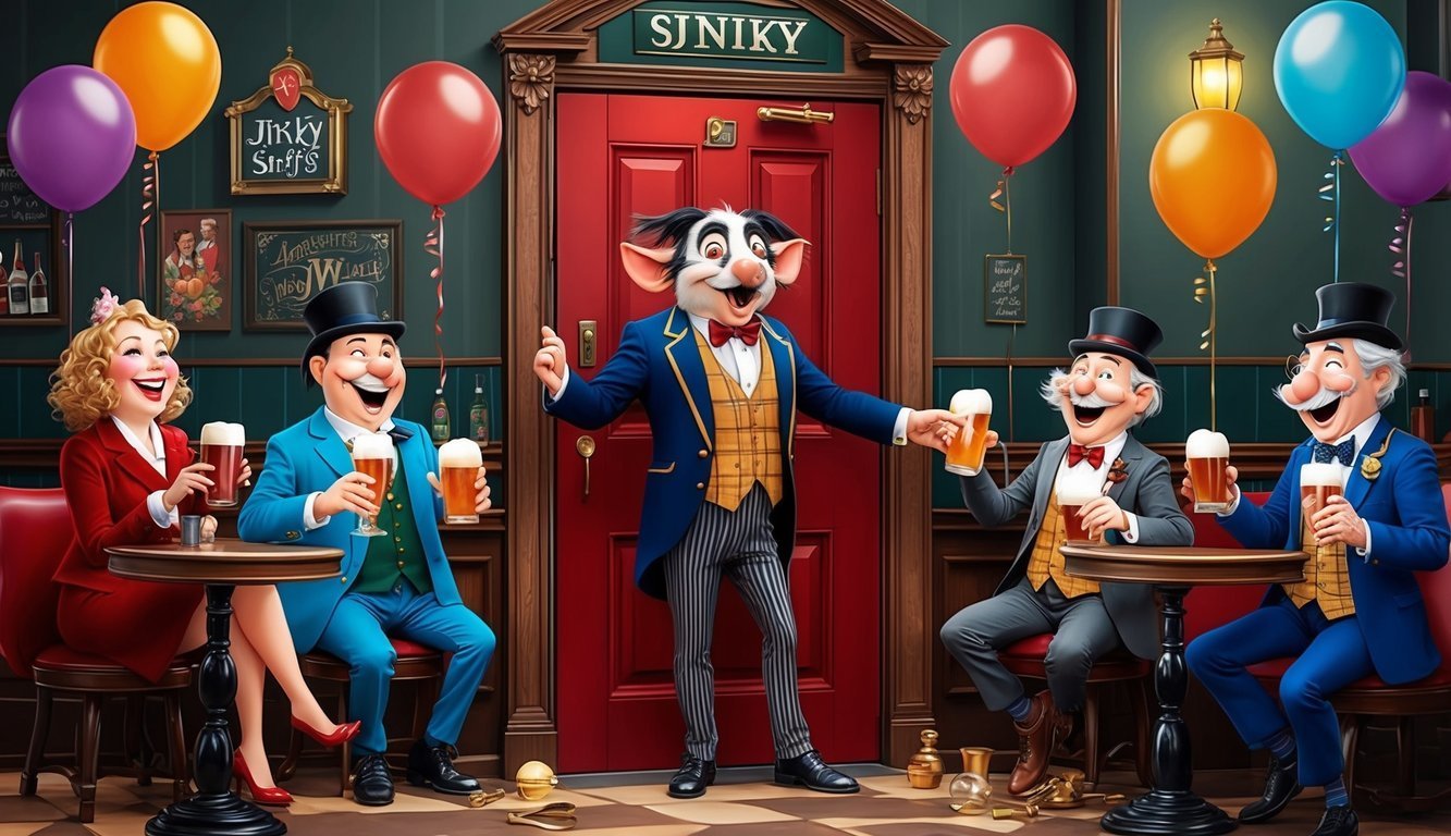 Cartoon people and a mouse-like character celebrating with beer and balloons