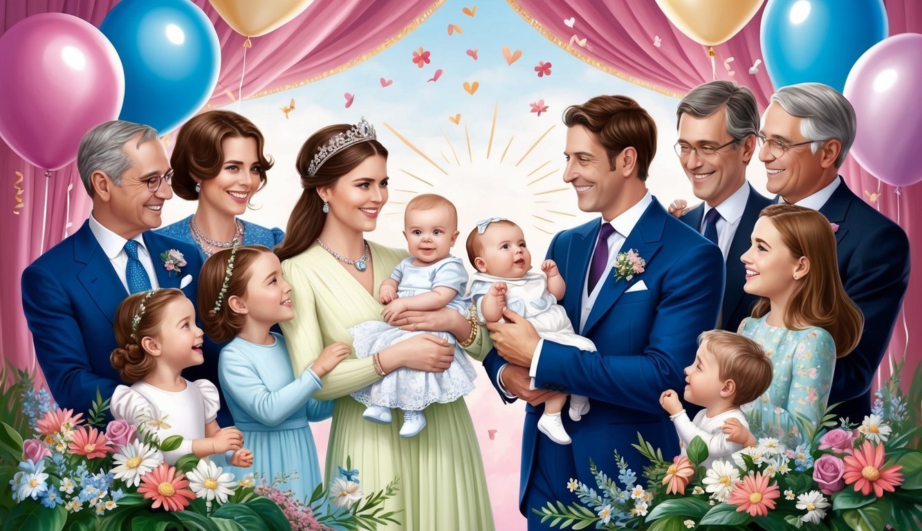 Family portrait with babies, balloons, and flowers, celebrating a special occasion