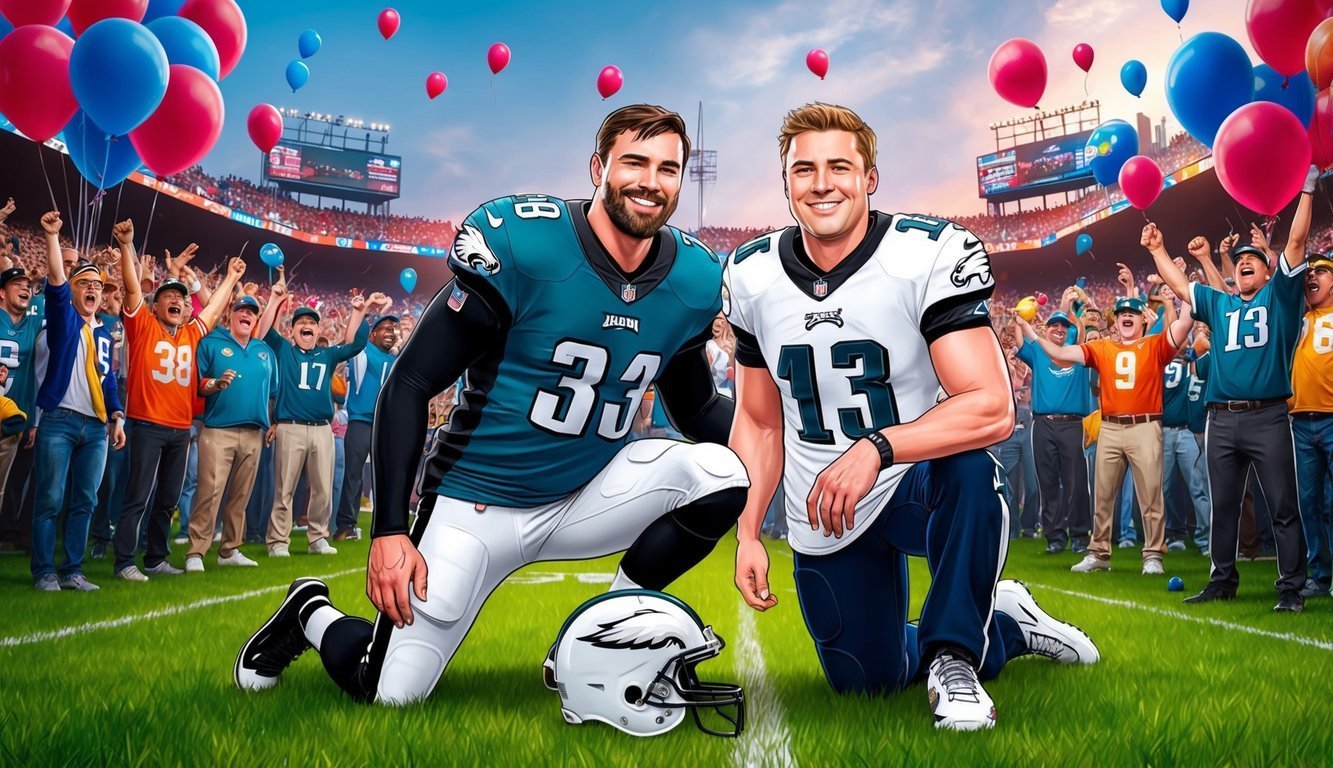 Two Philadelphia Eagles players pose on the field with fans and balloons