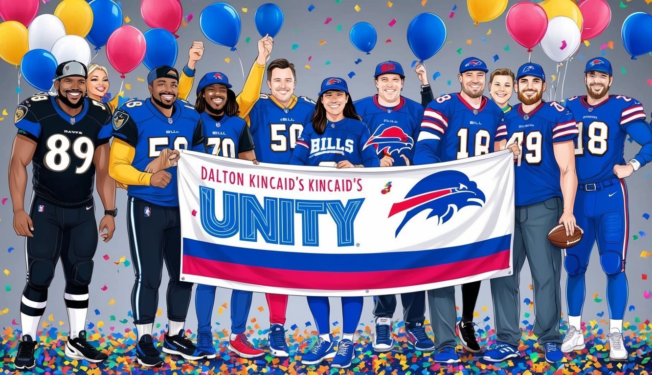 Group of football players holding a "Unity" banner with balloons and confetti