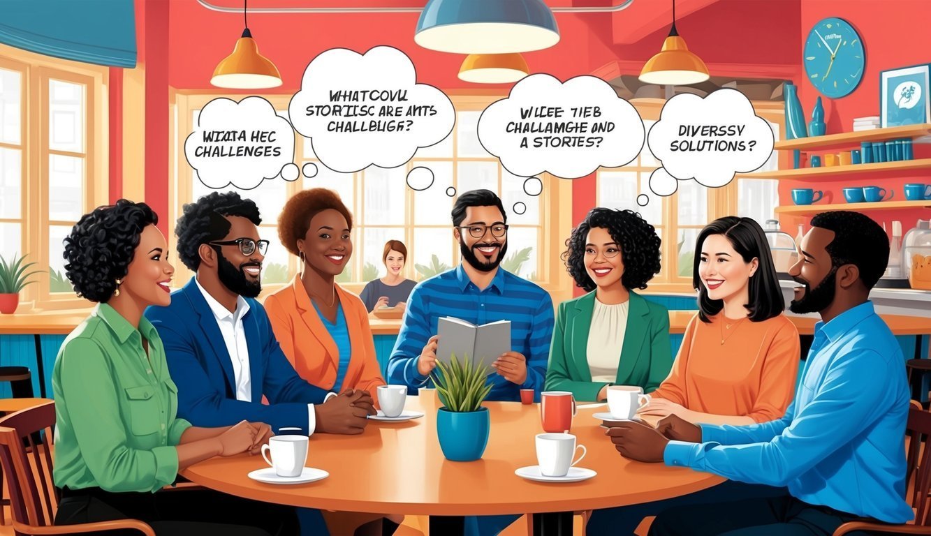 Diverse group of people discussing ideas around a table with thought bubbles